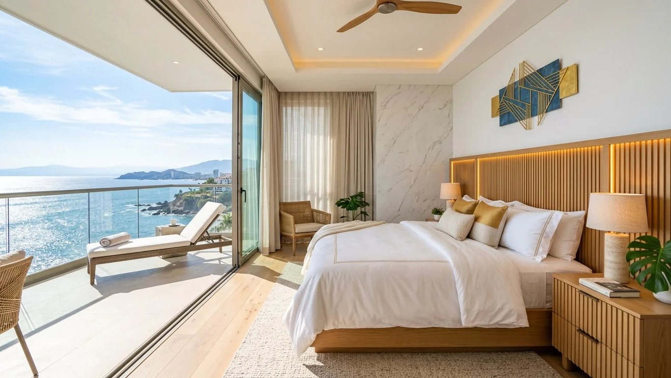 Render de recámara principal con vista al mar
