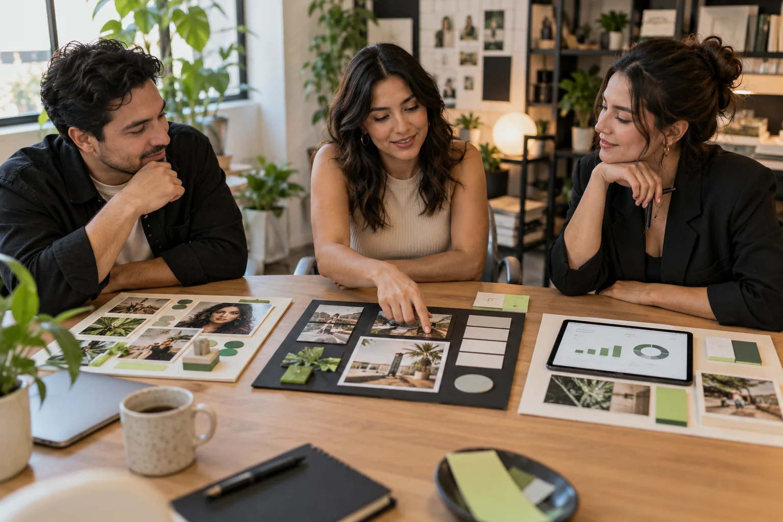 Emprendedora comparando opciones de campaña con consultores de agencia.