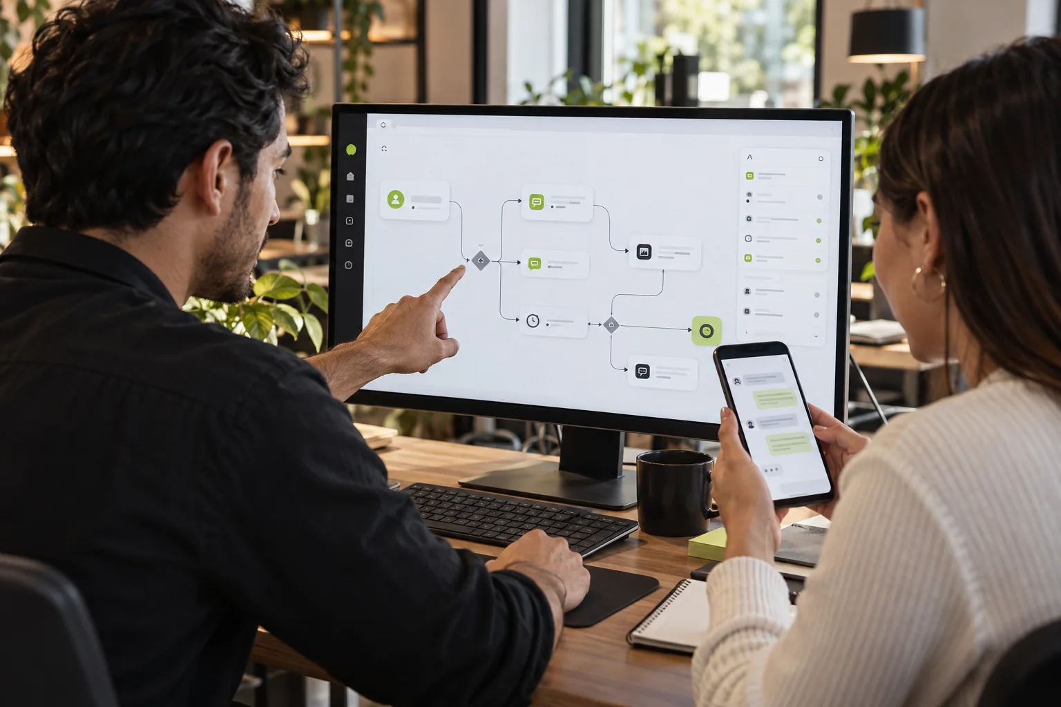 Equipo configurando un flujo de automatización y atención con inteligencia artificial.
