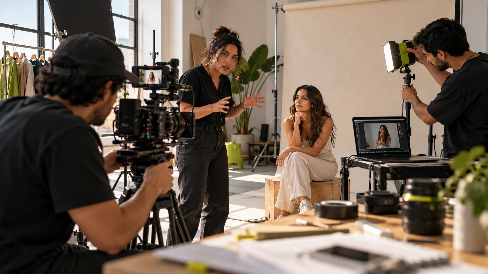 Equipo creativo produciendo una sesión profesional de video y fotografía.